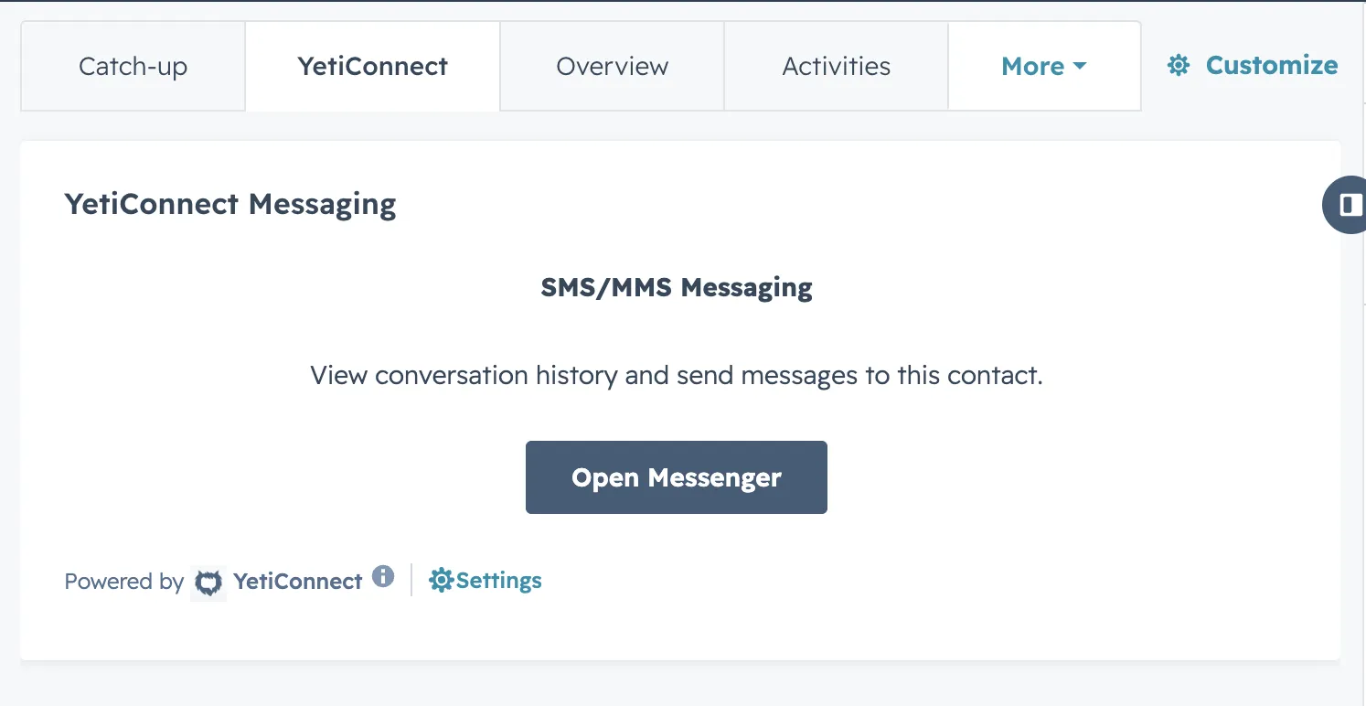 YetiConnect CRM card on a HubSpot contact record
