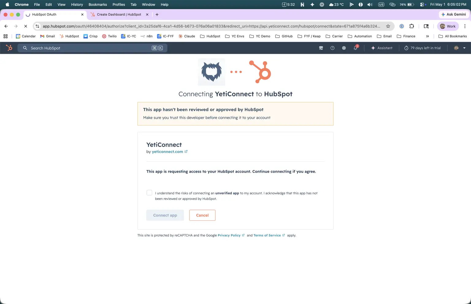 HubSpot OAuth screen to connect YetiConnect