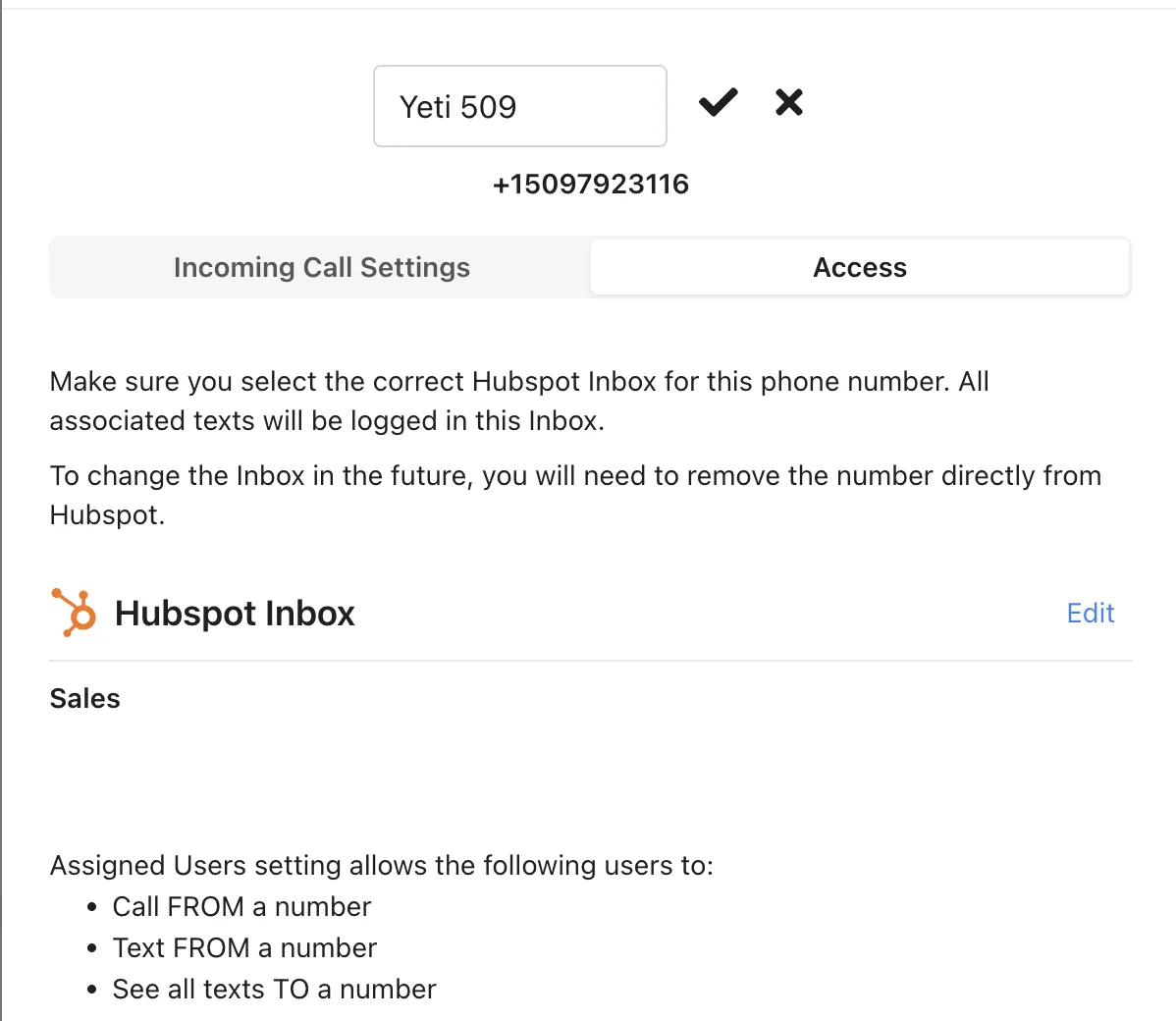 YetiConnect phone number settings with HubSpot inbox assignment