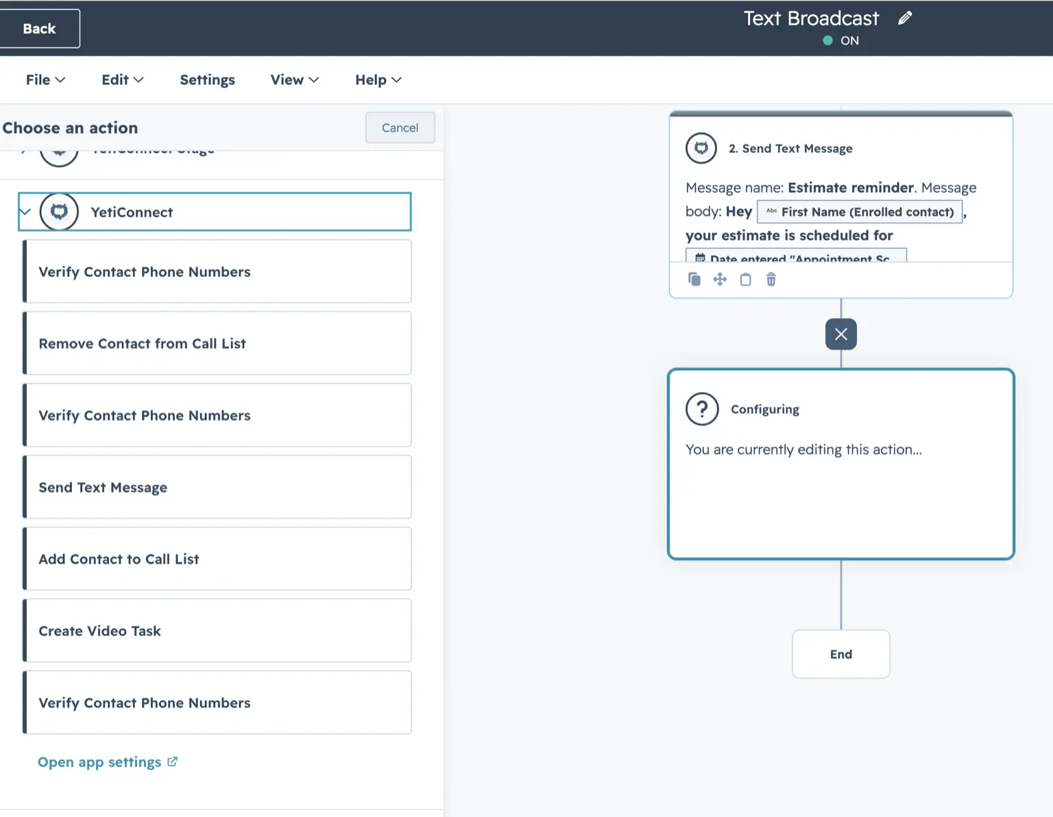 HubSpot workflow builder showing YetiConnect actions