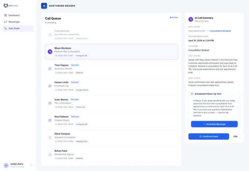 YetiConnect AI Call Coaching with real-time prompts and talk ratio tracking