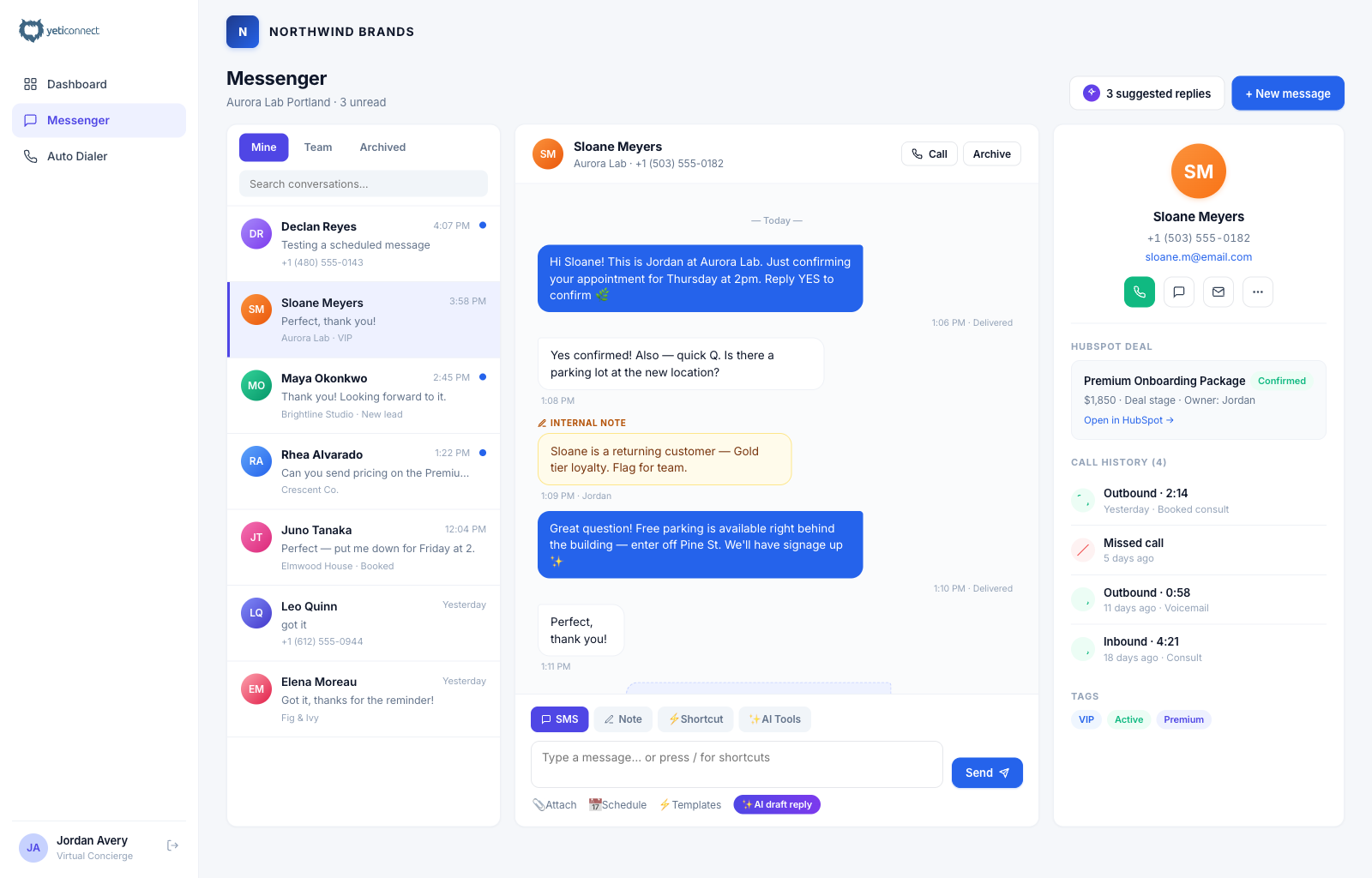 YetiConnect SMS Integration with two-way messaging and CRM sync