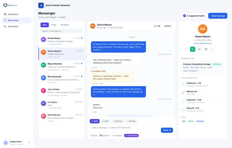 YetiConnect conversation threads with customer context and real-time messaging